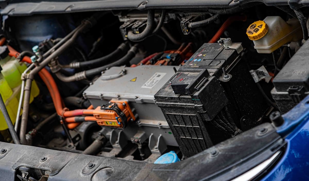Close-up of an electric vehicle traction battery and orange high-voltage cables